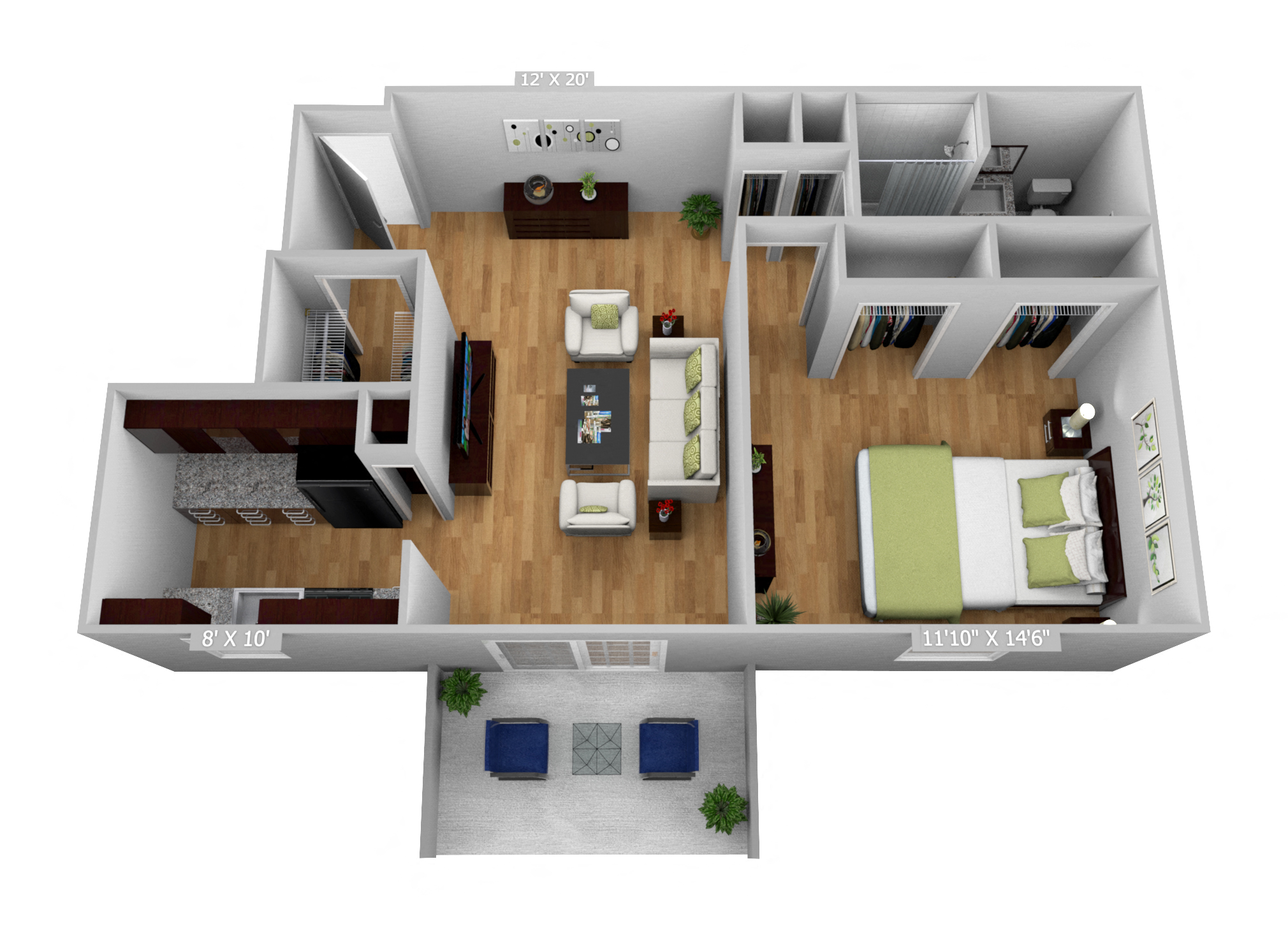 Floor plan for 1 bed, 1 bath, 600 sqft